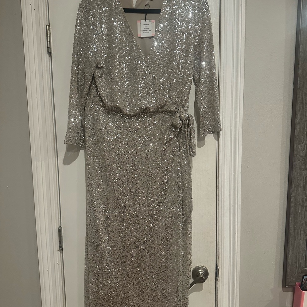 Anne Klein Silver Sequin Midi wrap dress with 3/4 Sleeves